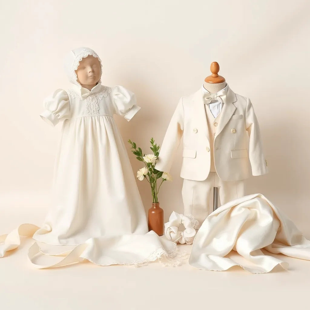 White christening gown and light tailored suit styled with bonnet and satin accessories on a neutral backdrop