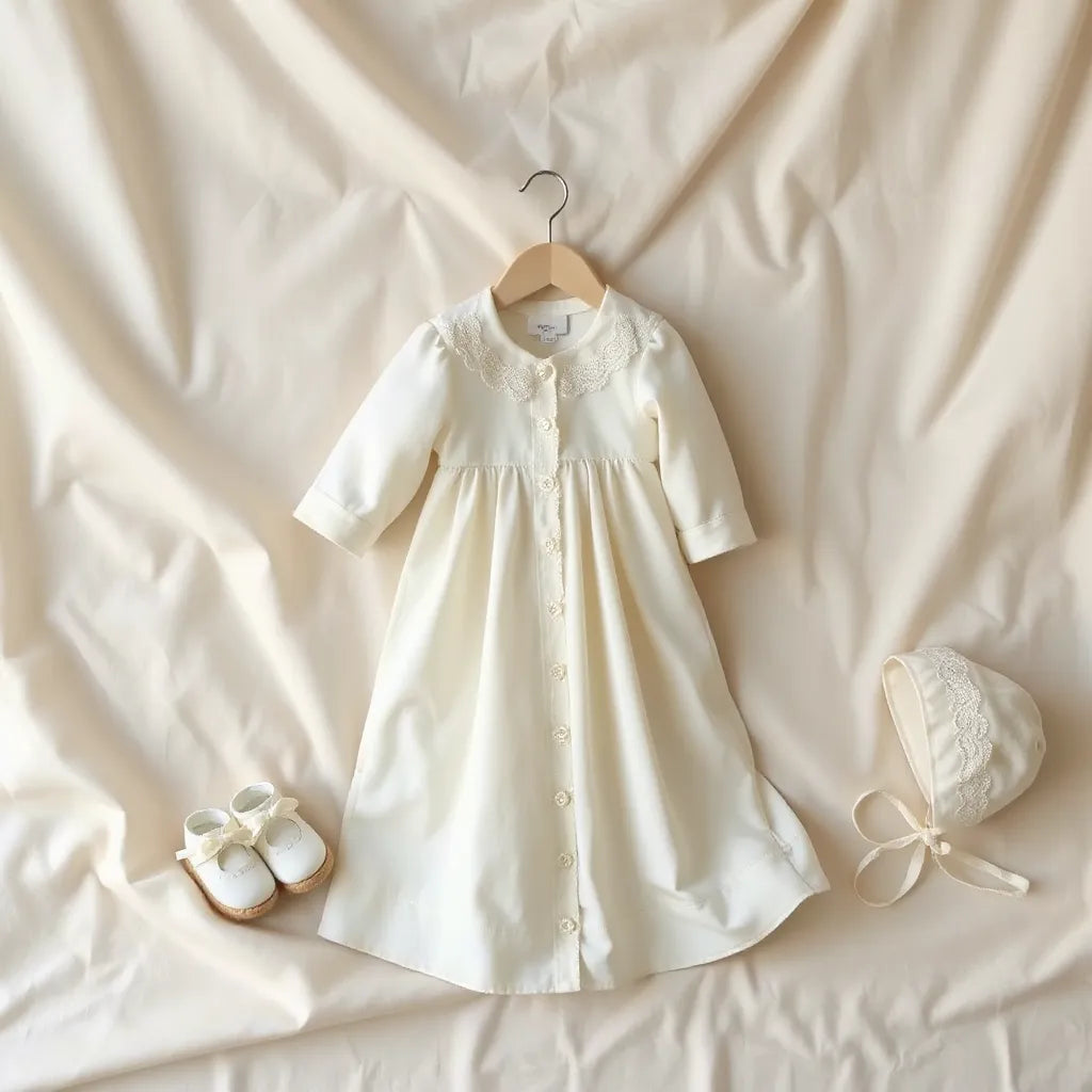 Elegant christening gown with lace trim, matching bonnet and booties on a cream satin backdrop